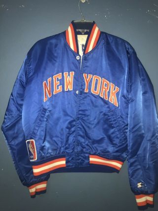 Vtg 80s 90s Starter Nba York Knicks Nylon Satin Bomber Jacket Blue Medium