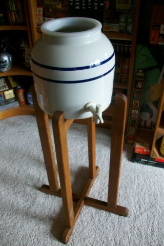 Vintage Ceramic Water Dispenser And Wooden Stand.  Cooler