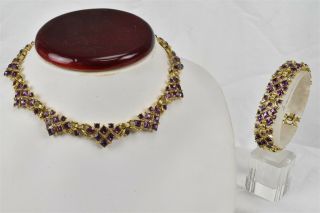 Vintage Crown Trifari Gold Tone Purple Rhinestone Necklace Bracelet Set