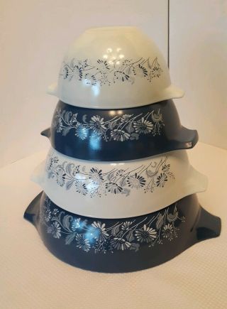 Vintage Pyrex Colonial Mist Cinderella Mixing Bowls Blue White Flowers Complete