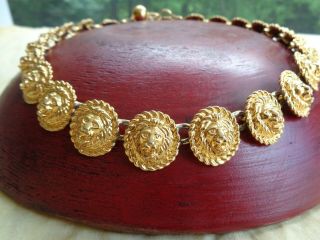 Vintage Anne Klein Lion Heads Gold Plated Choker Necklace 21 Medallions 18 "