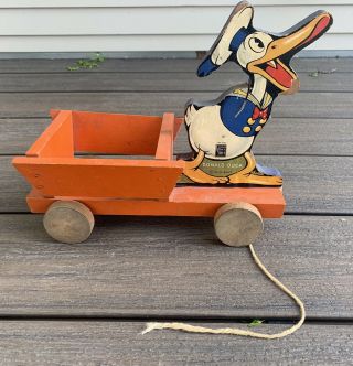 Vtg 1930s Fisher Price Donald Duck 500 Wood Pull Toy Long Bill Walt Disney