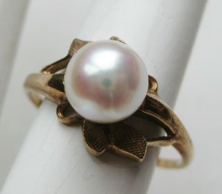 Fine Vintage Art Deco 10k Gold 7.  3mm White South Seas Pearl Ring sz 8 6