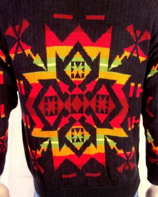 vtg 80s United Colors of Benetton Italy Men ' s Southwest Aztec Cardigan Sweater M 2