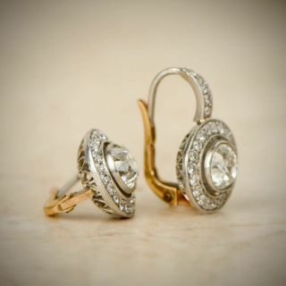 Antique Vintage Art Deco 10k White Gold Over 2.  0ctw Diamond Halo Earrings 1920 