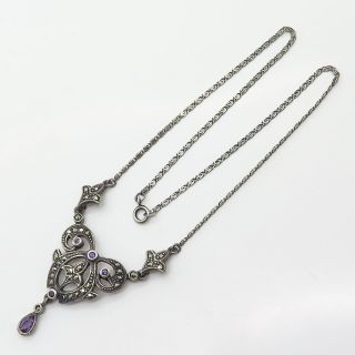 925 Sterling Silver Vintage Art - Deco Marcasite & Amethyst Gem Chain Necklace 15 