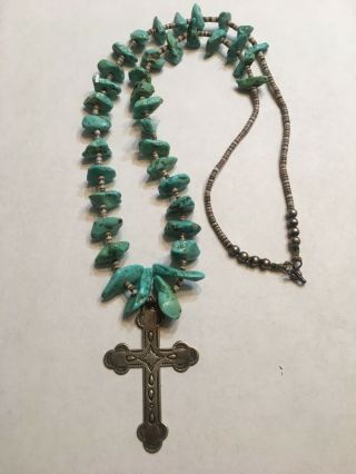 Vtg Native American Navajo Turquoise Stone Beaded Sterling Silver Cross Necklace