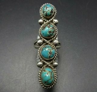 Extra Long Vintage Navajo Sterling Silver Turquoise Ring Size 6.  5,  4 Round Cabs