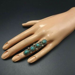 EXTRA LONG Vintage NAVAJO Sterling Silver TURQUOISE RING size 6.  5,  4 Round Cabs 2