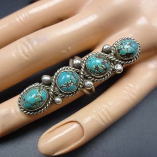 EXTRA LONG Vintage NAVAJO Sterling Silver TURQUOISE RING size 6.  5,  4 Round Cabs 3