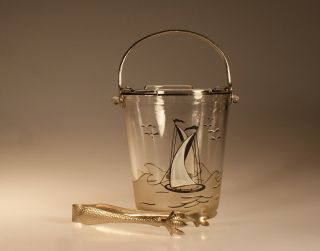 Vintage Deco Dunbar Glass Crystal Ice Bucket Handpainted Sailboats C.  1930