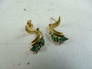 Vintage 14k Solid Yellow Gold Diamond Emerald Pierced Earring Set Dangling 2.  5g