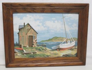 Vintage Paint By Number Pbn Painting Framed Sailboat Boathouse Boat Wood Frame