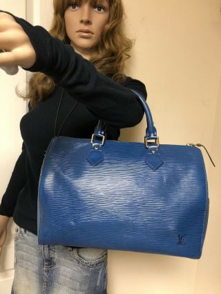 Auth Louis Vuitton Epi Leather Toledo Blue Speedy 30 Vintage Handbag