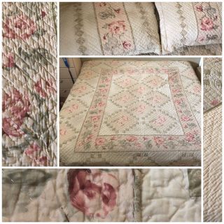 Vintage Floral Roses Appliqué Quilt,  92x94inches With 2 Shams Handmade