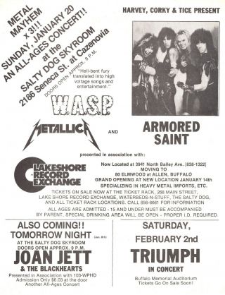 Metallica,  Wasp Vintage Concert Advertisement For 1985 Buffalo Concert Rare