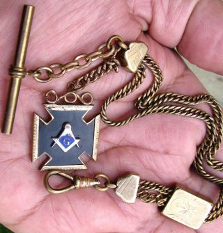 Vintage Gold Filled Freemason Masonic Pocket Watch Double Chain 4