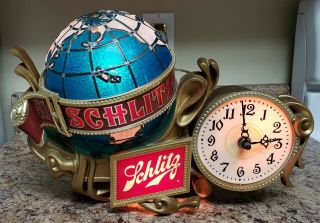 2 Vintage 1976 Schlitz Beer World Globe Motion Spinning Light up Clocks Signs 2