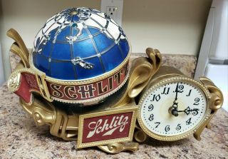 2 Vintage 1976 Schlitz Beer World Globe Motion Spinning Light up Clocks Signs 8