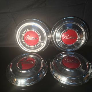 Set Of 4 Vintage Pontiac Chrome With Red Detail Hub Caps 11 " Round