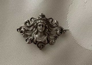 1” Antique Victorian Art Nouveau Woman Sterling Silver Repousse Watch Fob Pin