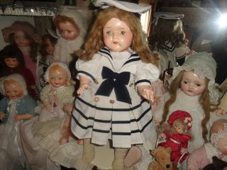 Large Antique Composition Doll Human Hair Wig And 2 Bisque Dolls