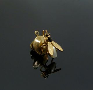 Vintage Mid 20th Century 14k Yellow Gold Enamel Pearl Flying Insect Lapel Pin