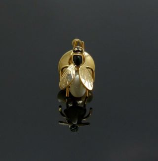 Vintage Mid 20th Century 14K Yellow Gold Enamel Pearl Flying Insect Lapel Pin 3