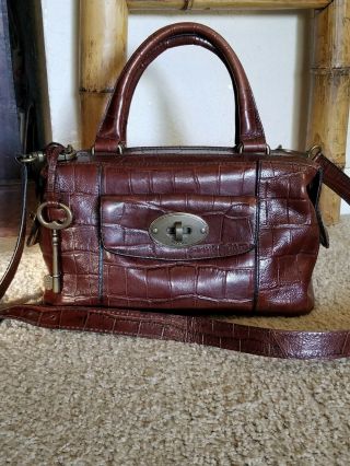 Vintage Fossil Satchel,  Croc Embossed Brown Leather