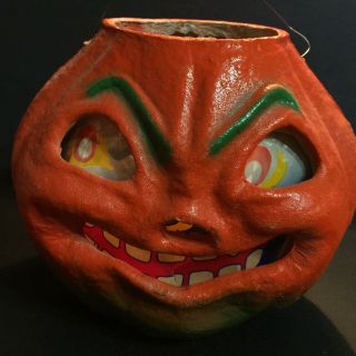 Vintage Halloween Paper Mache Pulp Jolly Pumpkin Jack O Lantern Insert