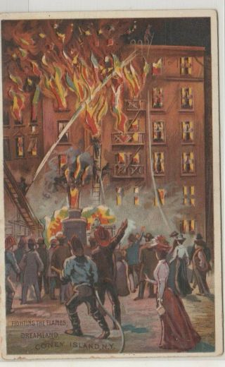 Vintage Postcard Hold To The Light Fighting The Flames Coney Island N.  Y 1900s