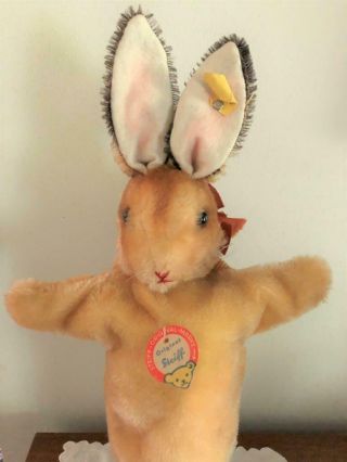 Vtg German Mohair Steiff Rabbit Puppet W/ Both Tags & Ribbon On Neck