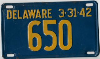 Vintage Antique 1942 License Plate (delaware) Orig.  Paint,  Almost Perfect Cond.