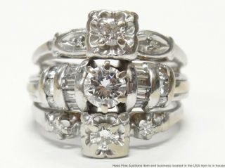 1.  10ctw Fine Diamond 14k White Gold Ring Ladies Vintage Triple Engagement Sz 5.  5