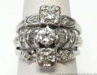 1.  10ctw Fine Diamond 14k White Gold Ring Ladies Vintage Triple Engagement Sz 5.  5 3