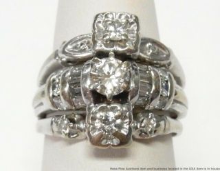 1.  10ctw Fine Diamond 14k White Gold Ring Ladies Vintage Triple Engagement Sz 5.  5 9