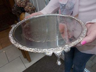 Pretty Silver Plated Cake Stand Tray On 3 Elegant Ball & Claw Feet Cond