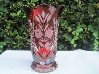 Vintage Bohemia Hand Cut Gold Ruby 24 Lead Crystal Vase 10 " Nib