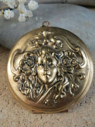 Large Antique Art Nouveau Maiden Woman Gold Plated Copper Locket Pendant 403