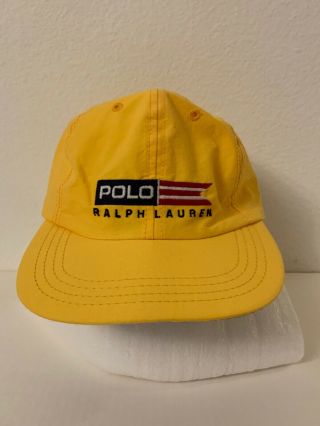 Vintage Ralph Lauren Polo Sport 1990s Flag Design Nylon Yellow Hat Cap Spell Out