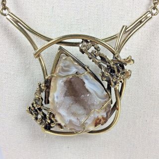 Vintage Brutalist Crystal Geode Brass Statement Necklace - Modernist Jewlery