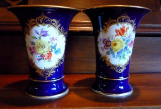 2 Vintage Meissen Trumpet Vase Cobalt Blue Floral & Gold 5 1/2 " Tall Germany