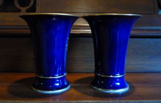 2 Vintage Meissen Trumpet Vase Cobalt Blue Floral & Gold 5 1/2 
