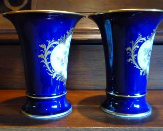 2 Vintage Meissen Trumpet Vase Cobalt Blue Floral & Gold 5 1/2 