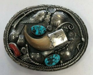 Vintage Navajo Turquoise & Coral Faux Bear Claw Silver Belt Buckle - Hallmarked
