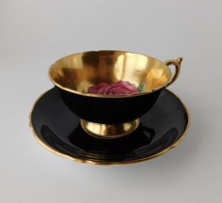 Vintage Paragon Cabbage Rose On Gold Cup & Saucer Black