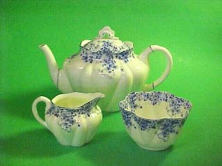 Vintage Shelley Dainty Blue Teapot,  Creamer And Sugar Bowl