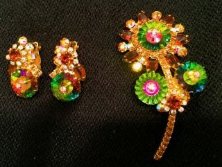 Rare Vtg Juliana Watermelon Rhinestone Flower Brooch And Earrings.  Htf