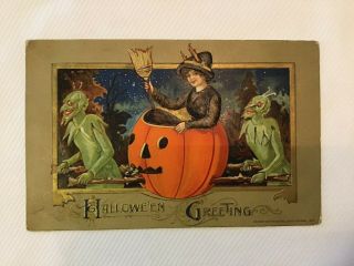 Vintage Winsch Halloween Postcard Witch In Jol Goblins Postmarked Oct.  31 1913