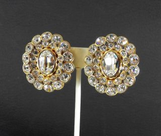 Vintage Christian Dior Signed Clip Earrings Rhinestone Large Statement Big Bold